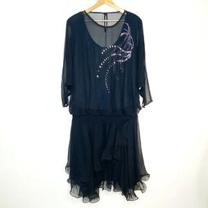 Vintage 80's Spencer Alexis Black Dress 16 Rhinestone Embellished Sheer Sleeve